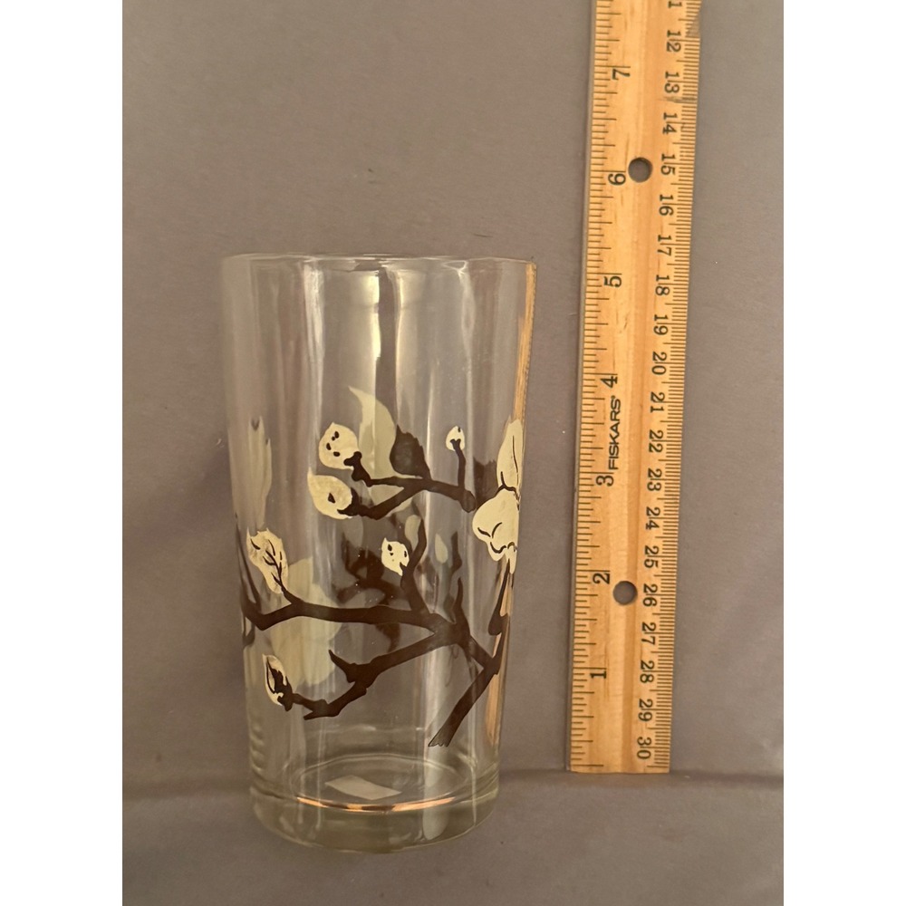 Vintage Jamee Signed Botanical Glass Tumbler White Floral Brown Branch 6.5 Inch